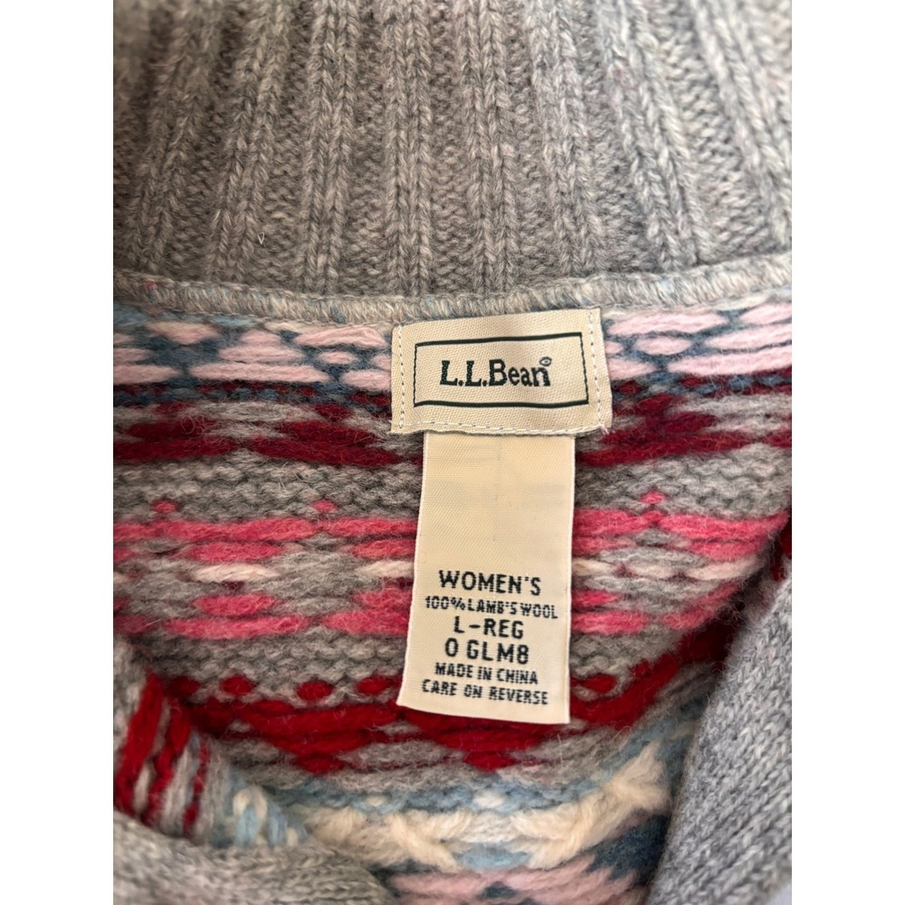 L.L. Bean Cardigan Sweater Womens L Grey Fair Isle Full Zip Wool Nordic‎ Grandma - Picture 8 of 8